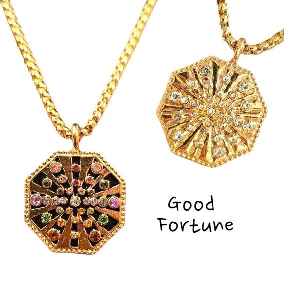 18k Gold Plated Reversible Sunburst Medallion Good Fortune Necklace - Picture 1 of 13